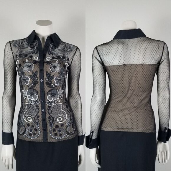 Blanc Nature Vintage Y2K Embroidered Goth Mesh Shirt Size 38 (Cigarette Odor) - Picture 1 of 14